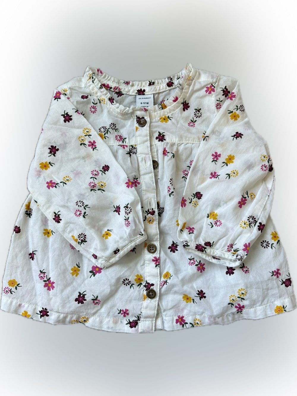 Old Navy White Floral Button Front Blouse - Pink & Yellow Flowers